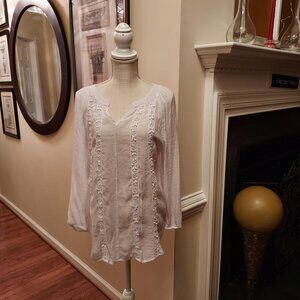 NYCC LONG SLEEVE LATICE-LACED WHITE SEMI-SHEER BLOUSE